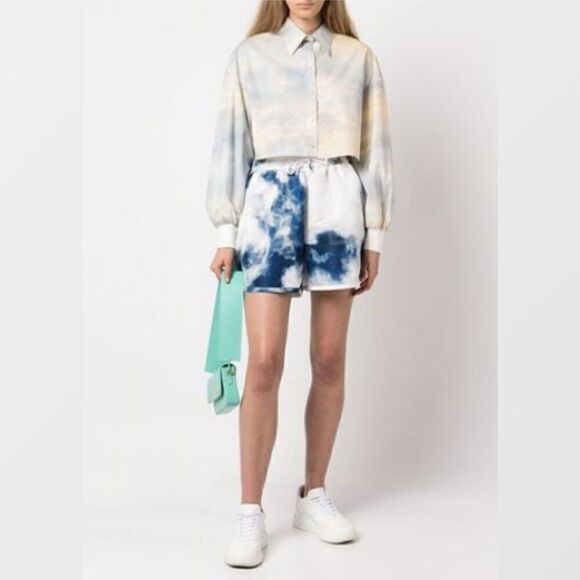 ALEXANDER MCQUEEN Blue Sky Tie Dye Pull On Shorts XL / 10 Clouds Drawstring NWT - Picture 2 of 16